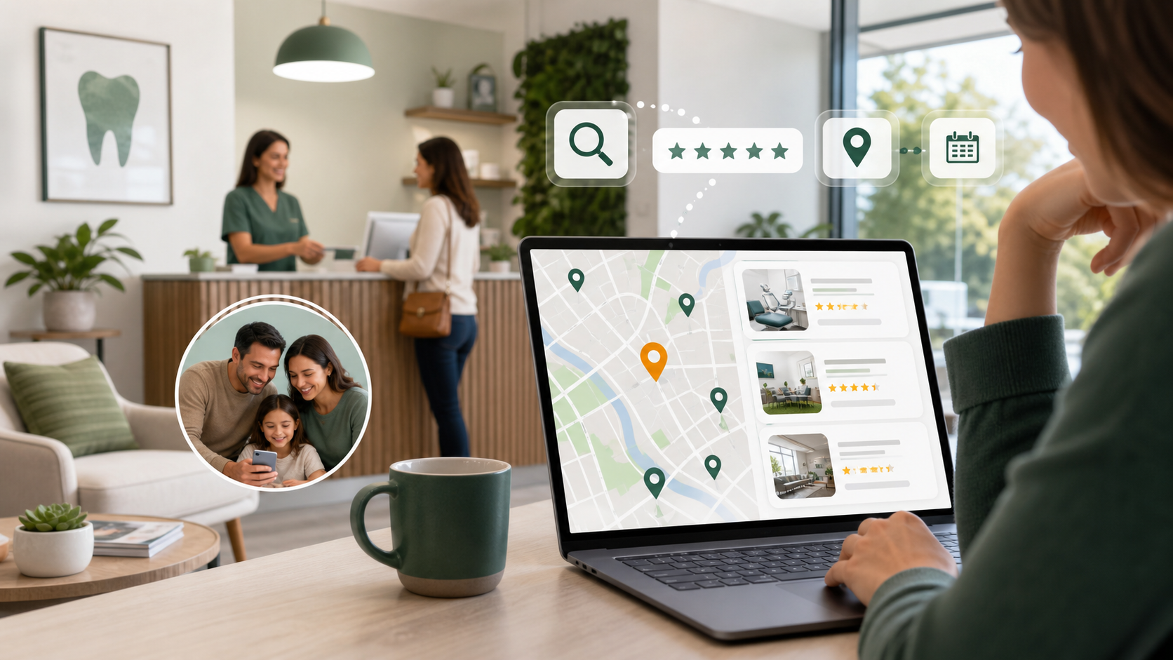 Small dental clinic being discovered through local search, reviews, and online booking signals