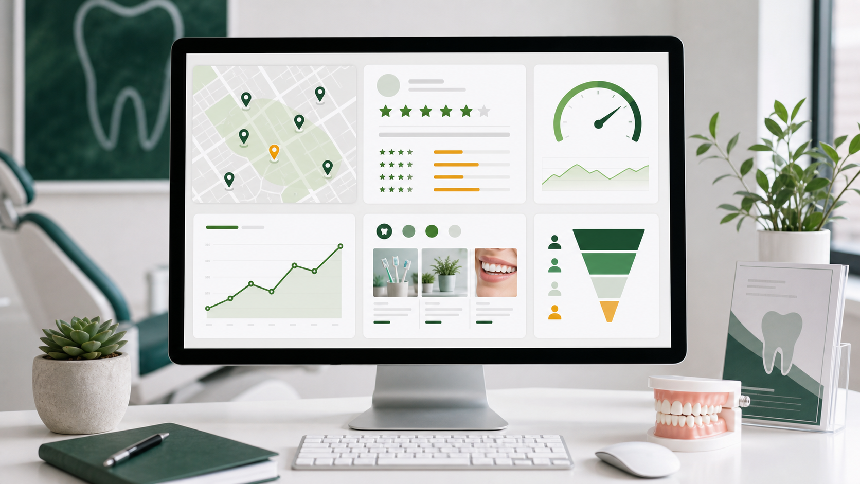 Dental clinic marketing dashboard showing local SEO, reviews, website performance, content, and patient enquiry signals