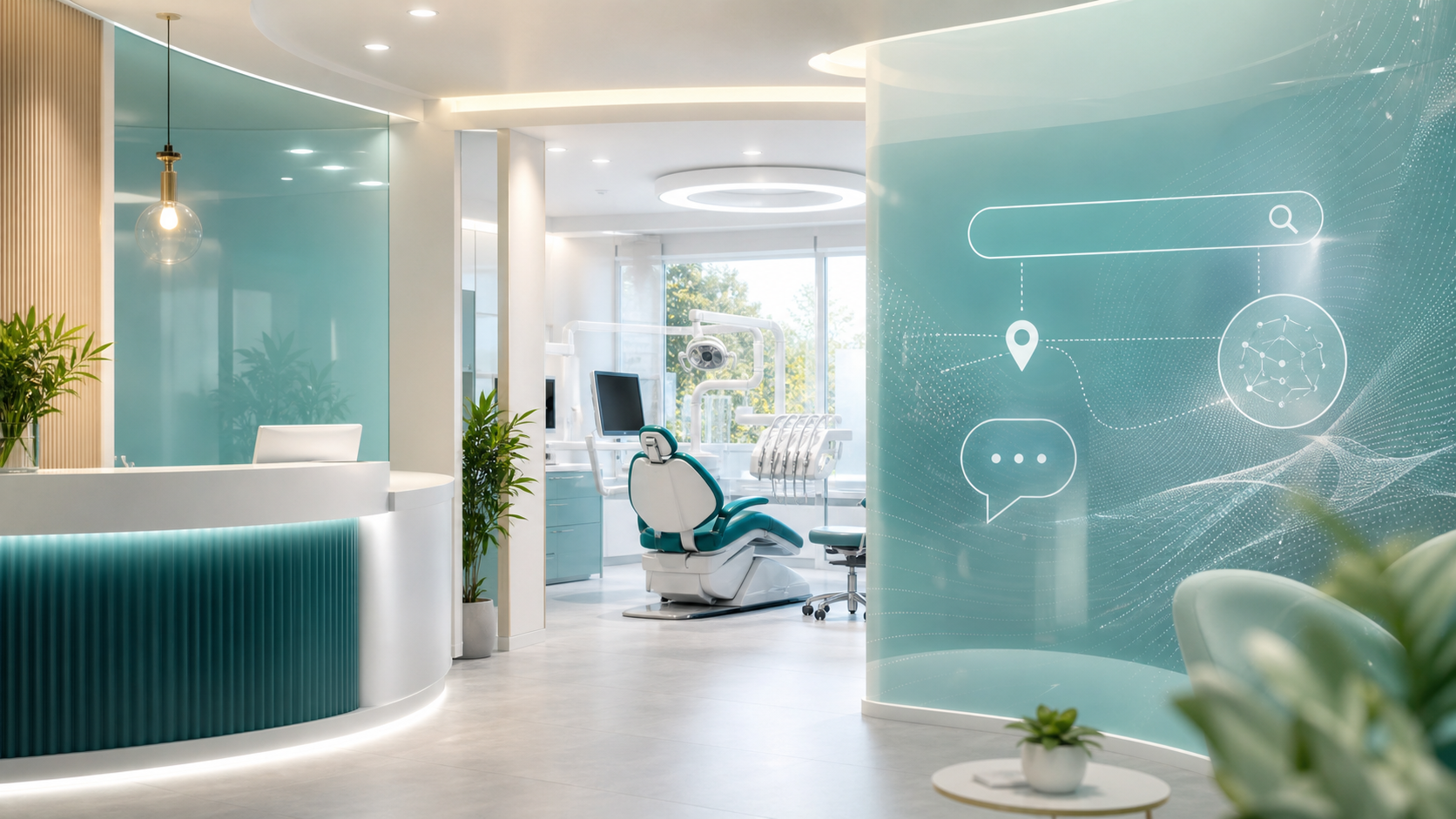 Modern dental clinic with abstract search and AI visibility graphics