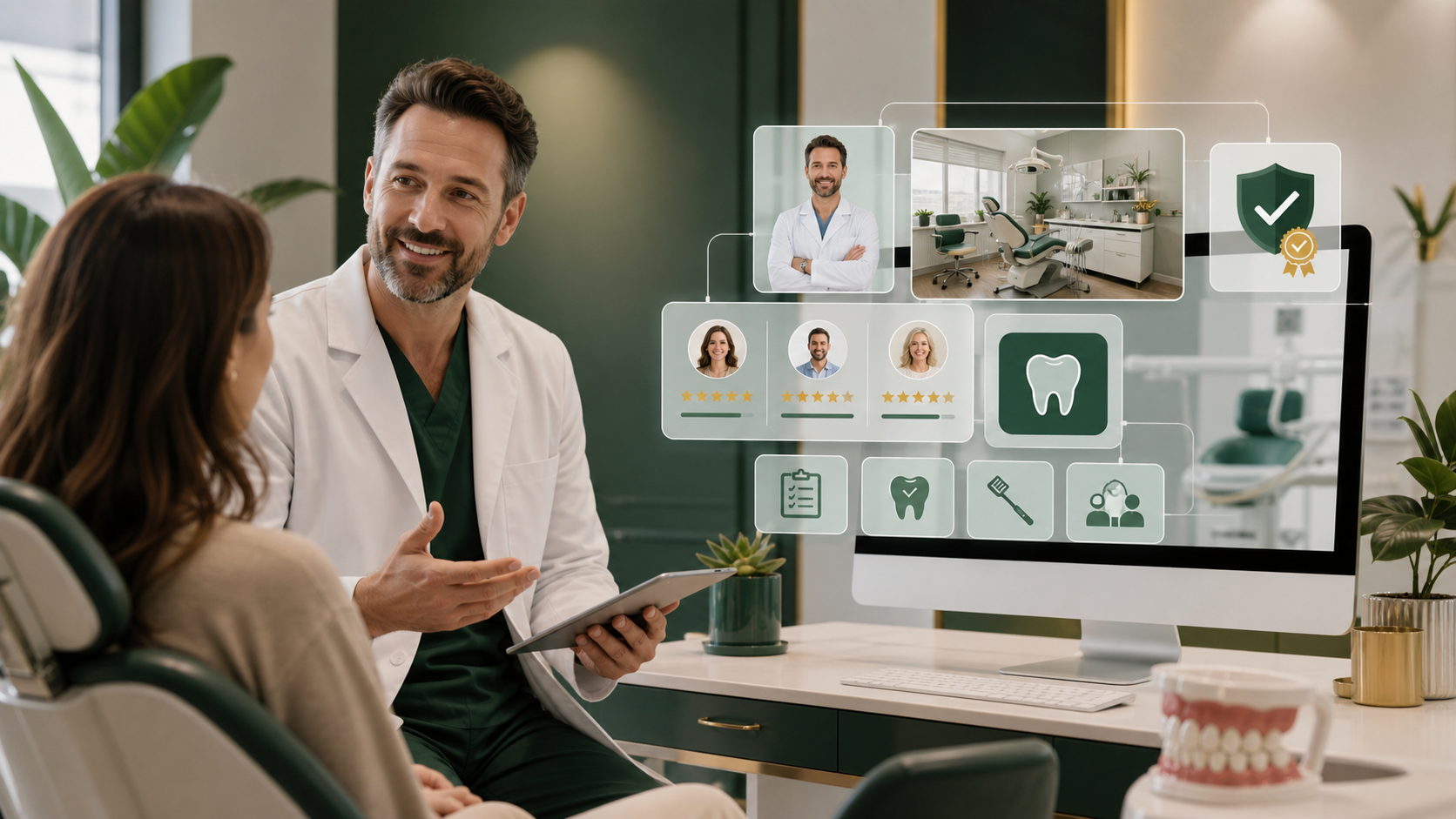 Dental trust signals including dentist credentials, clinic photos, reviews, and patient education content