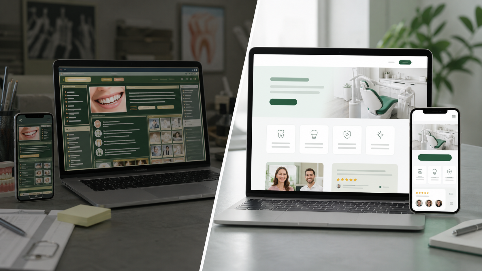 Comparison between a cluttered dental website experience and a clean patient-friendly dental website on desktop and mobile