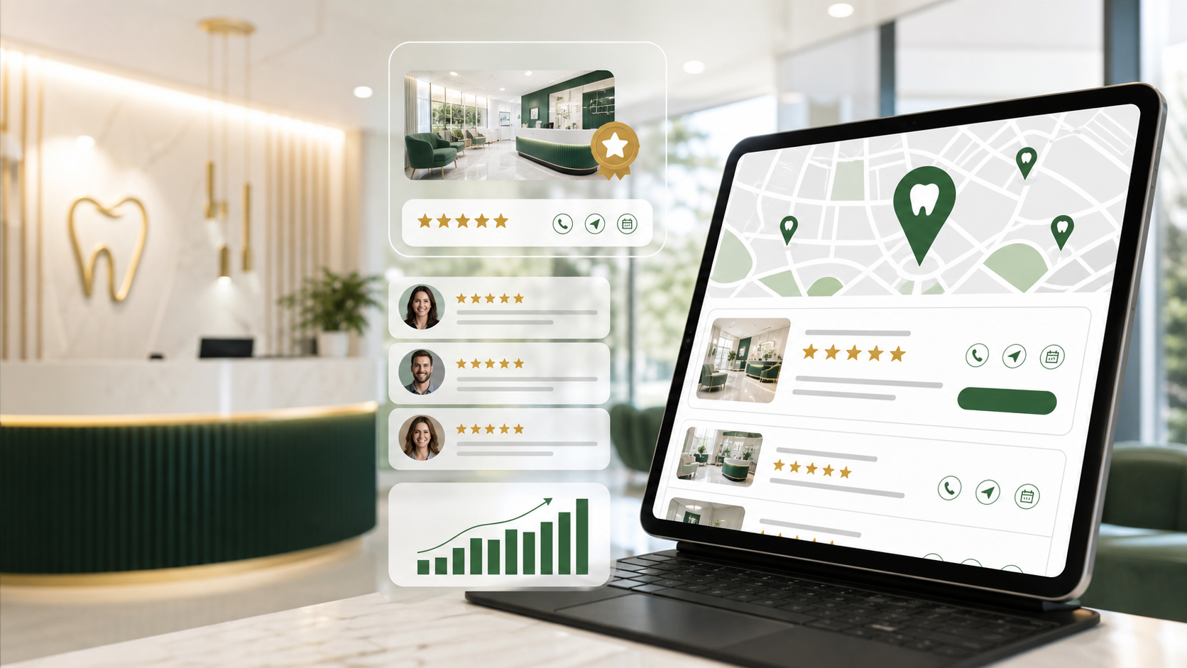 Dental practice appearing in local search results with reviews, map pins, and booking signals