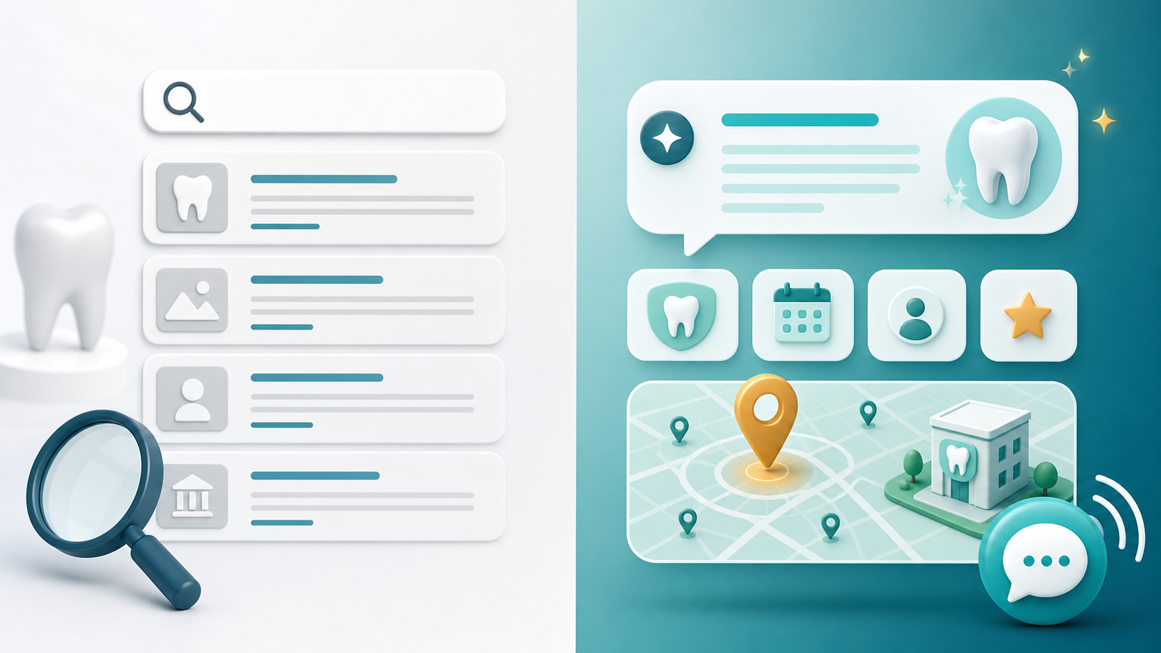 Illustration comparing traditional search results with AI-powered local dental search behavior