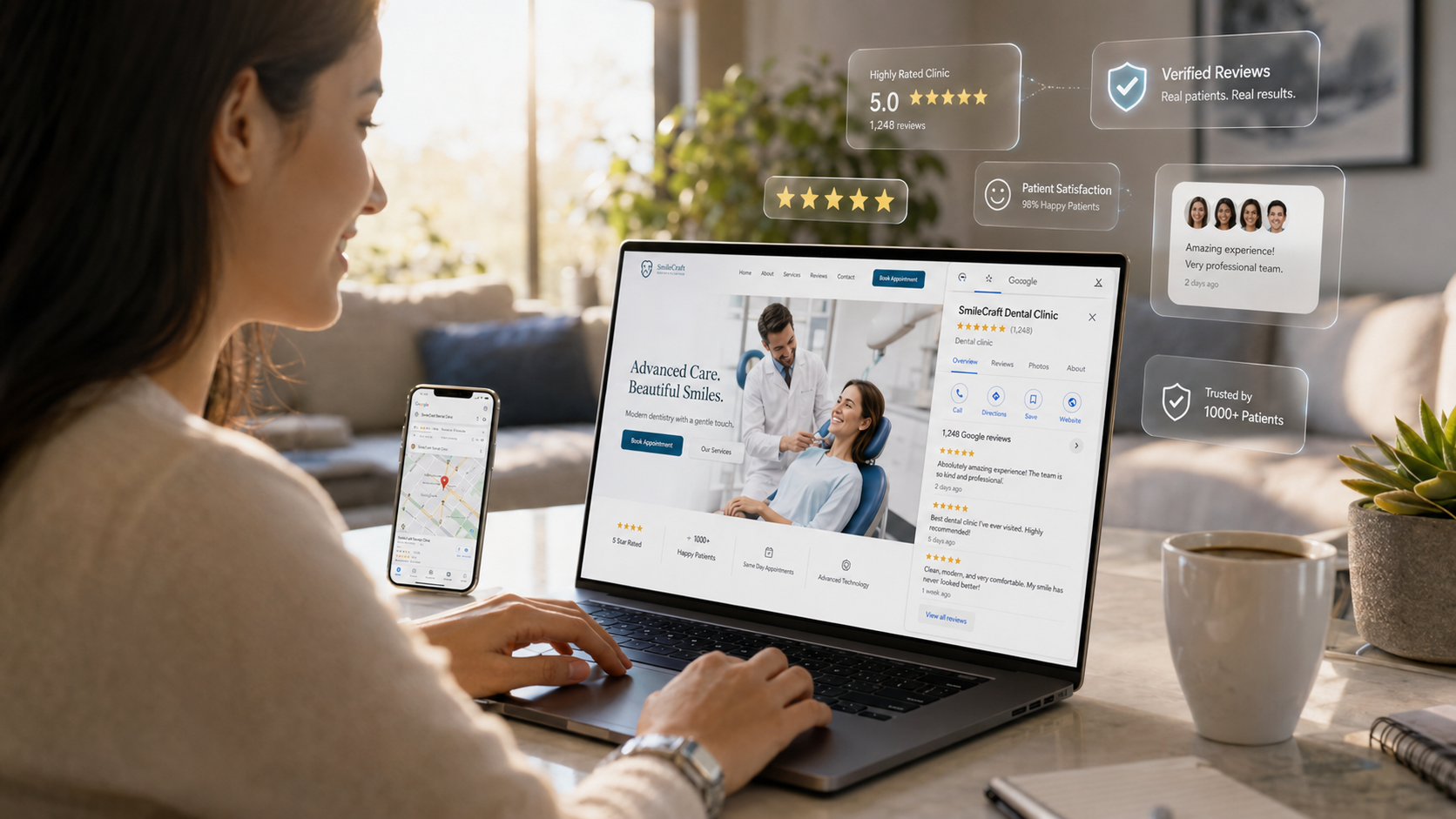 Dental patient reading clinic reviews before booking
