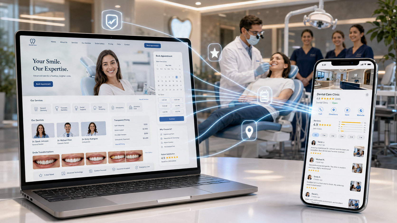 Modern dental clinic website and patient trust signals